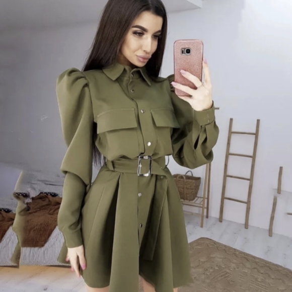 NWT MILITARY UTILITY ARMY GREEN LONG PUFF SLEEVE VINTAGE DRESS SIZE:SMALL- LARGE - Picture 2 of 11